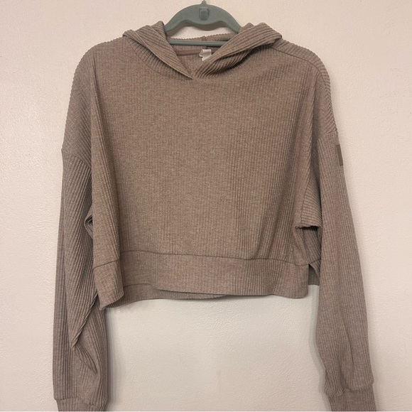 ALO Yoga Tops - ALO Yoga Muse Hoodie Ribbed Sweatshirt Cropped Gravel Heather Women’s Size M